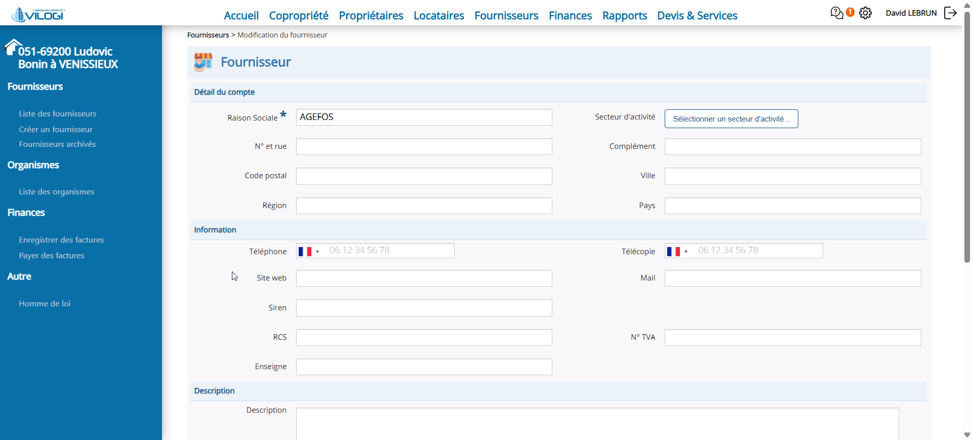 Accès à la fiche fournisseur en mode modification Tutoriel logiciel immobilier pour syndics et administrateurs de biens